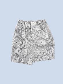 Quần short bé trai Dây kéo Paisley Họa tiết khăn Boho - Đen và trắng - Xem 1