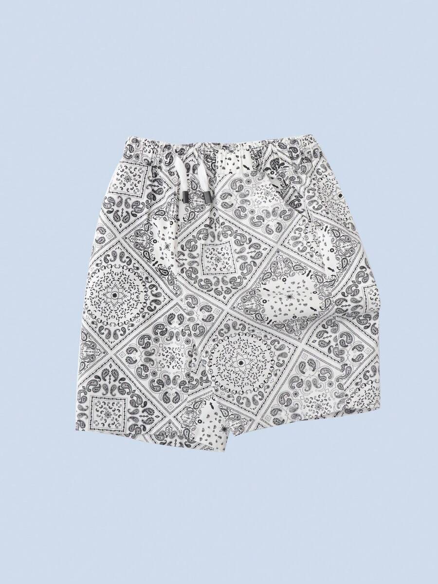 Quần short bé trai Dây kéo Paisley Họa tiết khăn Boho - Đen và trắng - Xem 1