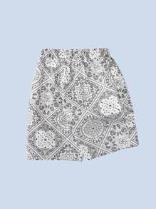 Quần short bé trai Dây kéo Paisley Họa tiết khăn Boho - Đen và trắng - Xem 2