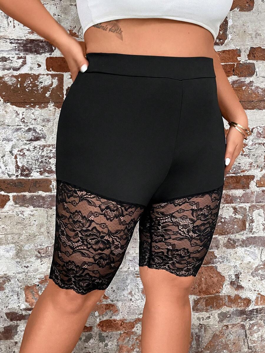 SHEIN Allurite Quần lót kích thước lớn Tương phản ren màu trơn Giải trí - màu đen - Xem 1