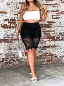 SHEIN Allurite Quần lót kích thước lớn Tương phản ren màu trơn Giải trí - màu đen - Xem 4
