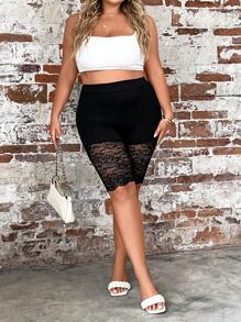 SHEIN Allurite Quần lót kích thước lớn Tương phản ren màu trơn Giải trí - màu đen - Xem 6