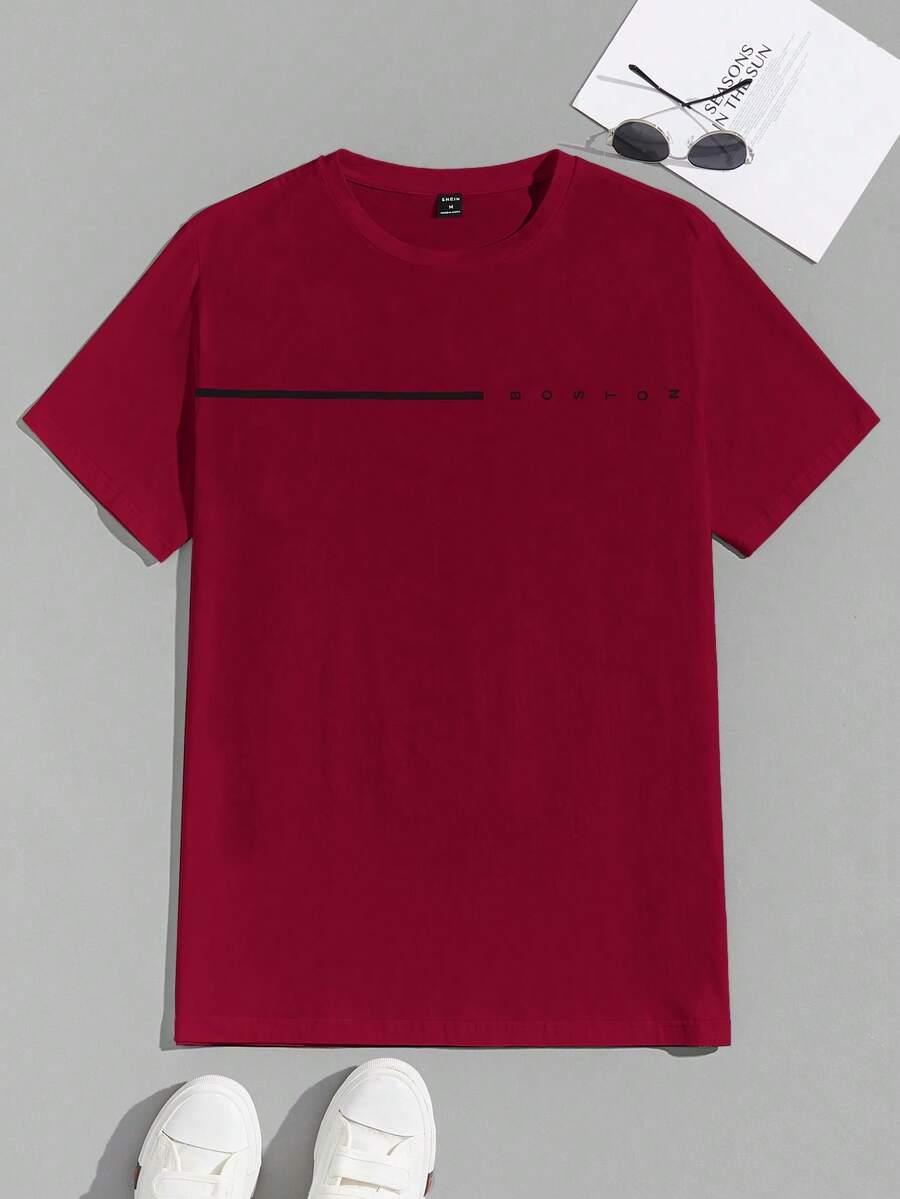 Manfinity NXTstreet 男士字母圖案T恤 - 酒紅色 - 查看 1