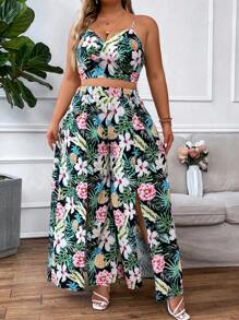SHEIN Clasi Plus Tropical Print Cami Top & Split Thigh Pants - Multicolor - View 1