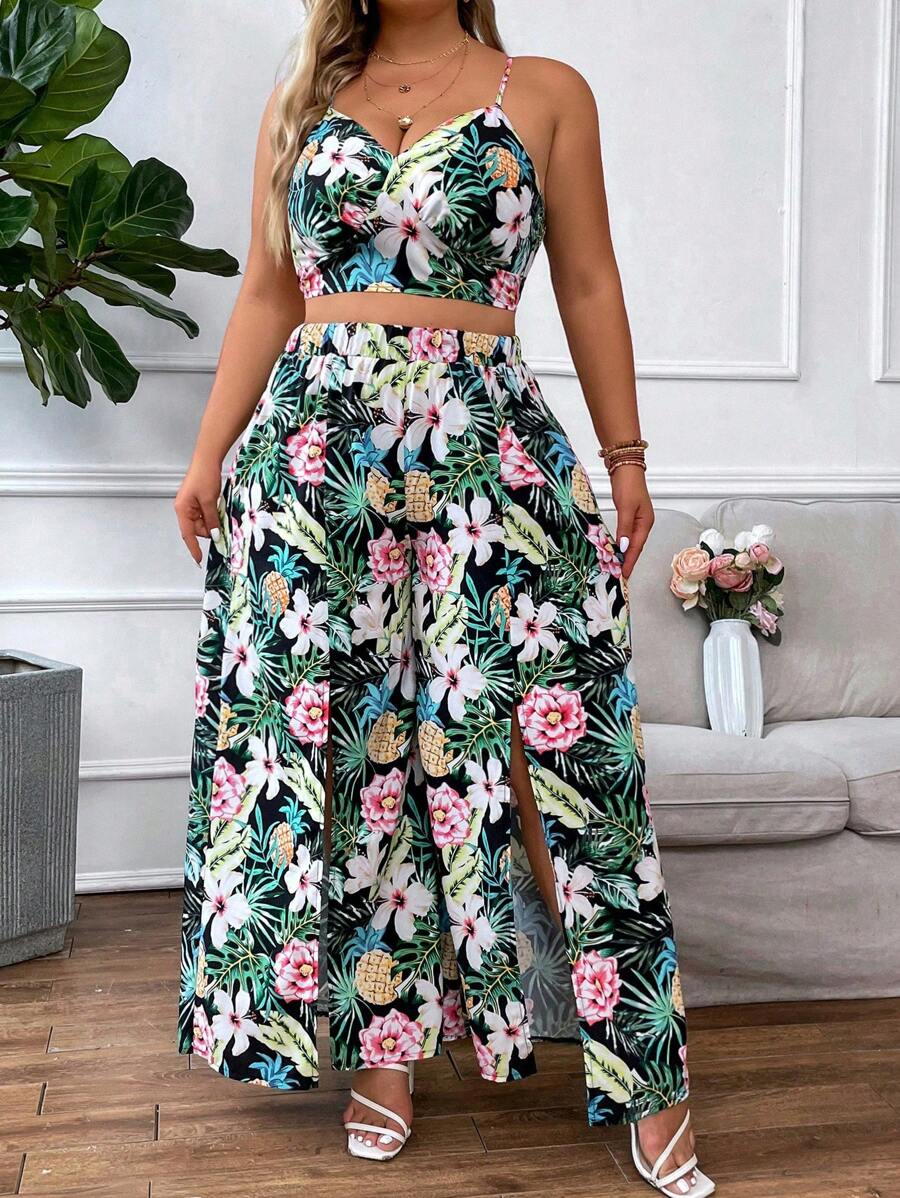 SHEIN Clasi Plus Tropical Print Cami Top & Split Thigh Pants - Multicolor - View 1