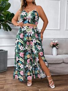 SHEIN Clasi Plus Tropical Print Cami Top & Split Thigh Pants - Multicolor - View 3