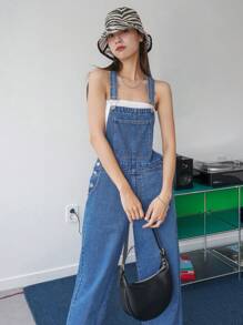 DAZY Pocket Patched Wide Leg Denim Dungarees - Medium Wash - View 4