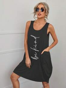 SHEIN LUNE 標語圖案背心洋裝 - 黑色 - 查看 4