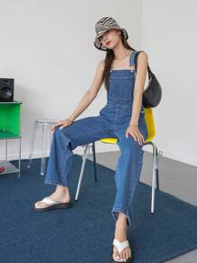 DAZY Pocket Patched Wide Leg Denim Dungarees - Medium Wash - View 8