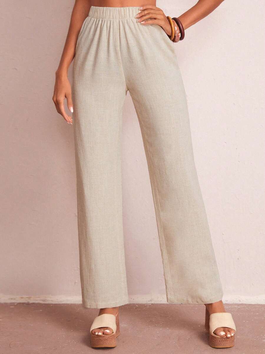 SHEIN LUNE Elastic Waist Solid Wide Leg Pants - Khaki - View 1
