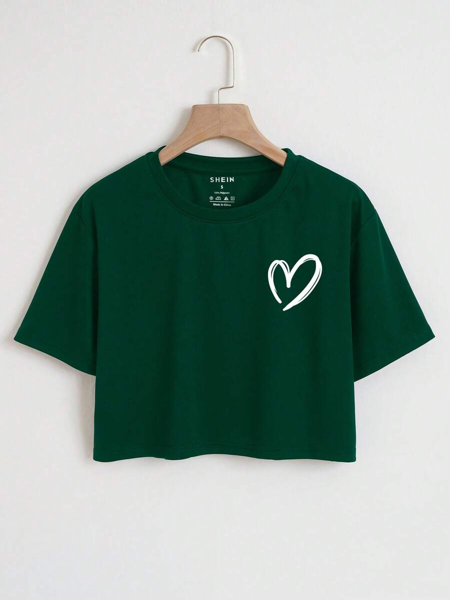 INAWLY Áo thun crop top in hình trái tim dành cho nữ - Màu xanh lá cây đậm - Xem 1