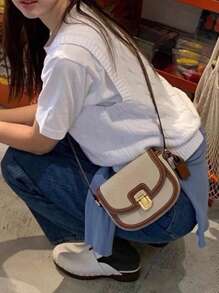 Mini Saddle Bag Contrast Binding PU Flap Fashionable shoulder bag,crossbody bag funky leather for school,ladies work & office,weekend and holiday,travel - Beige - View 2