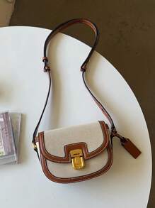 Mini Saddle Bag Contrast Binding PU Flap Fashionable shoulder bag,crossbody bag funky leather for school,ladies work & office,weekend and holiday,travel - Beige - View 4