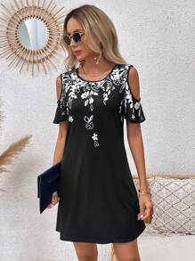 EMERY ROSE Vestido estilo camiseta con estampado floral de hombros descubiertos - Negro - Ver 6
