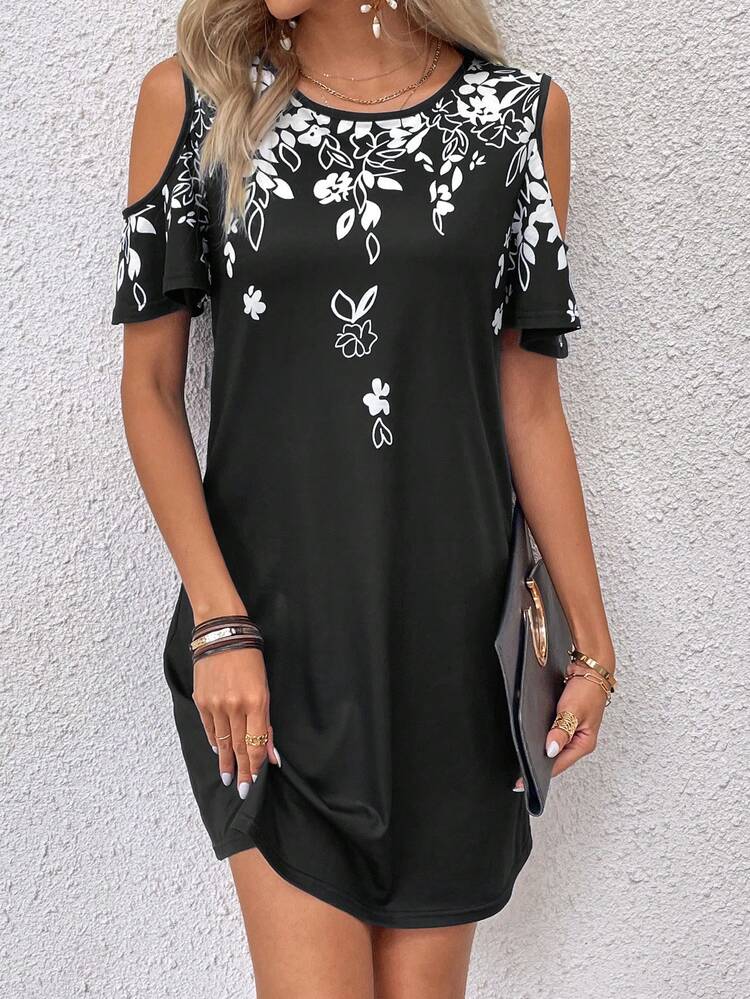 EMERY ROSE Vestido estilo camiseta con estampado floral de hombros descubiertos - Negro - Añade 7