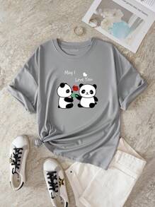 SHEIN Essnce Camiseta panda con con estampado de letra - Gris - Ver 1