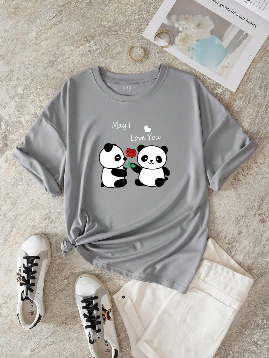 SHEIN Essnce Camiseta panda con con estampado de letra - Gris - Ver 1