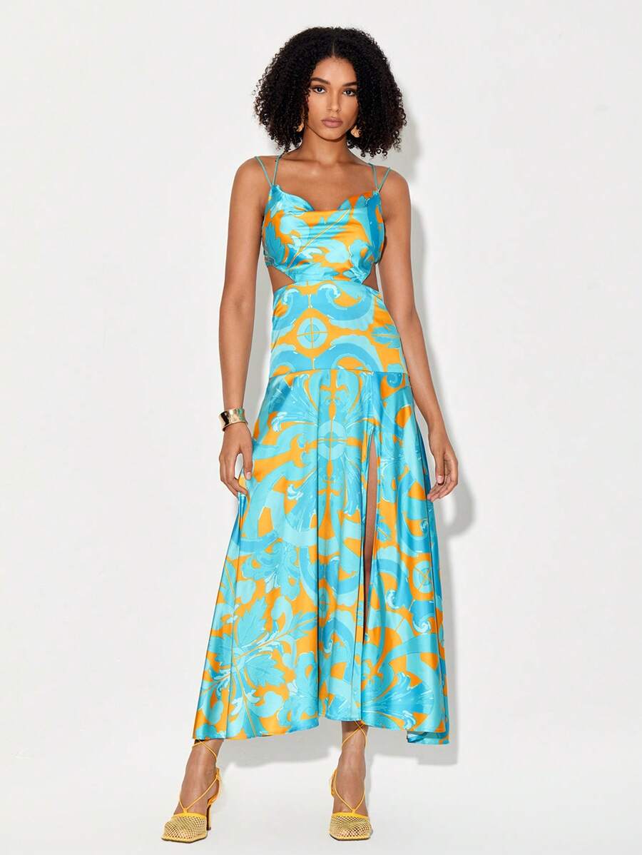 Eva Novielli Allover Print Draped Collar Cami Dress - Multicolor - View 1
