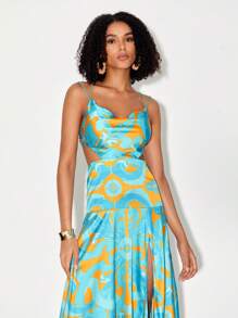 Eva Novielli Allover Print Draped Collar Cami Dress - Multicolor - View 4