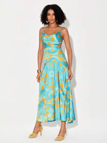 Eva Novielli Allover Print Draped Collar Cami Dress - Multicolor - View 5