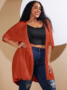 SHEIN CURVE+ Plus Solid Batwing Sleeve Open Front Coat Without Cami Top - Rust Brown - View 1