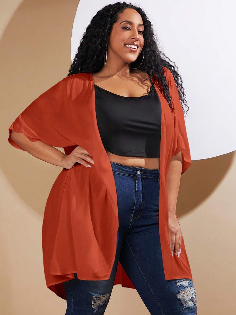 SHEIN CURVE+ Plus Solid Batwing Sleeve Open Front Coat Without Cami Top - Rust Brown - View 1