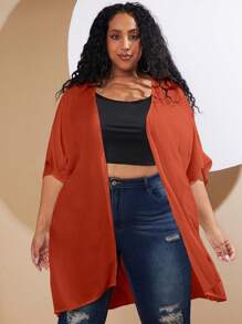 SHEIN CURVE+ Plus Solid Batwing Sleeve Open Front Coat Without Cami Top - Rust Brown - View 3