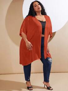 SHEIN CURVE+ Plus Solid Batwing Sleeve Open Front Coat Without Cami Top - Rust Brown - View 4