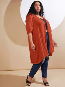SHEIN CURVE+ Plus Solid Batwing Sleeve Open Front Coat Without Cami Top - Rust Brown - View 5