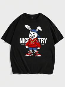 Manfinity RebelGame Men Plus Cotton Rabbit & Slogan Graphic Tee - Black - View 1