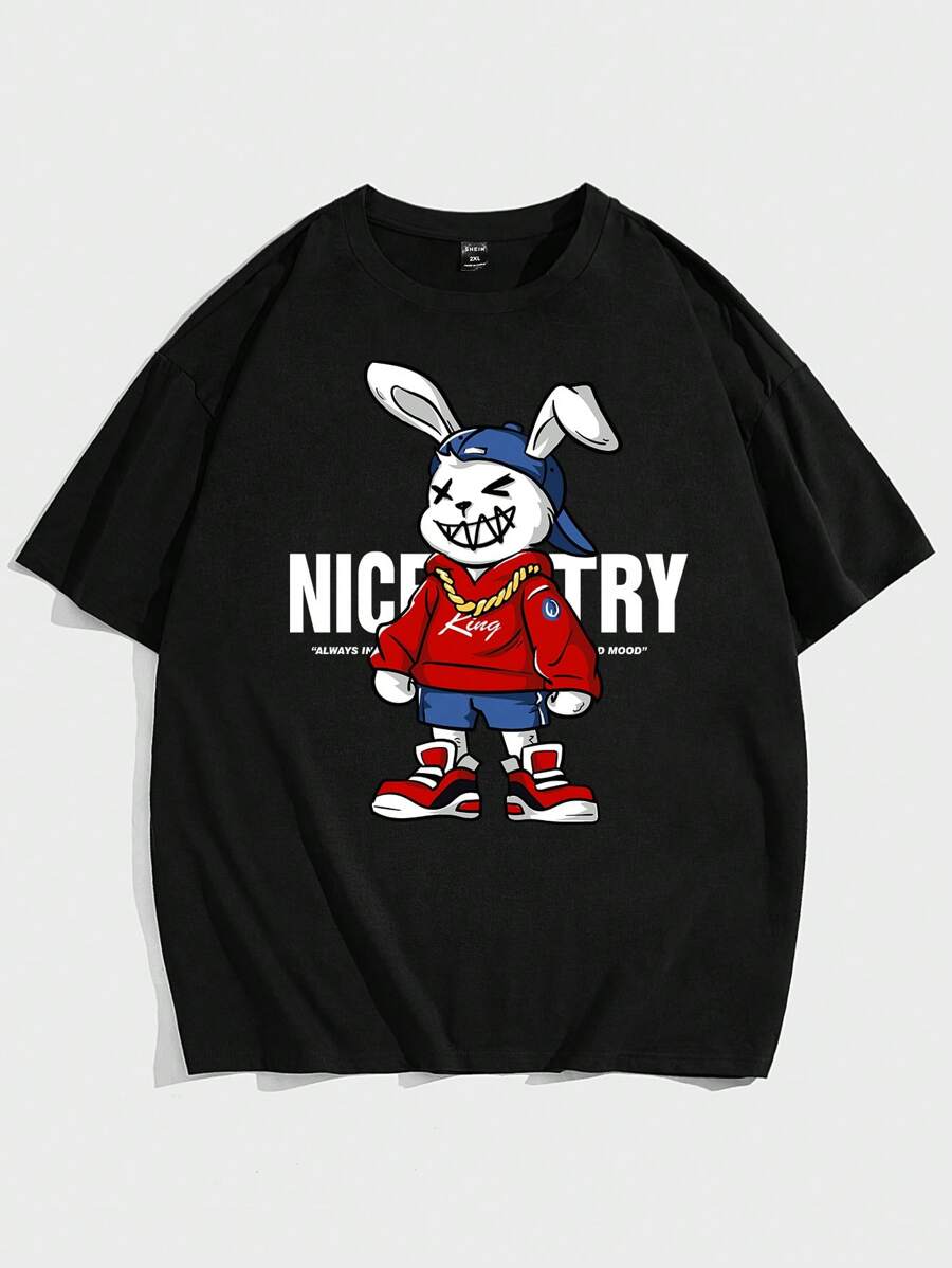 Manfinity RebelGame Men Plus Cotton Rabbit & Slogan Graphic Tee - Black - View 1