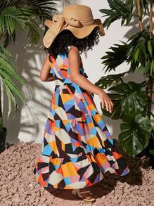 SHEIN Toddler Girls Geo Print Ruffle Hem Belted Dress - Multicolor - View 2