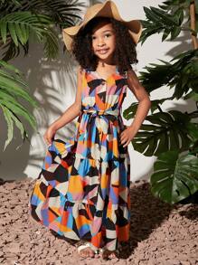 SHEIN Toddler Girls Geo Print Ruffle Hem Belted Dress - Multicolor - View 3