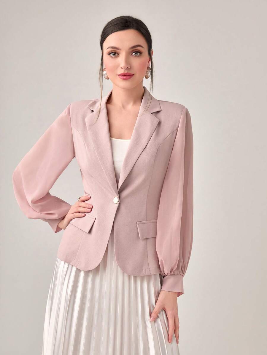 Modelyn Lapel Neck Lantern Sleeve Single Button Blazer - Pink - View 1