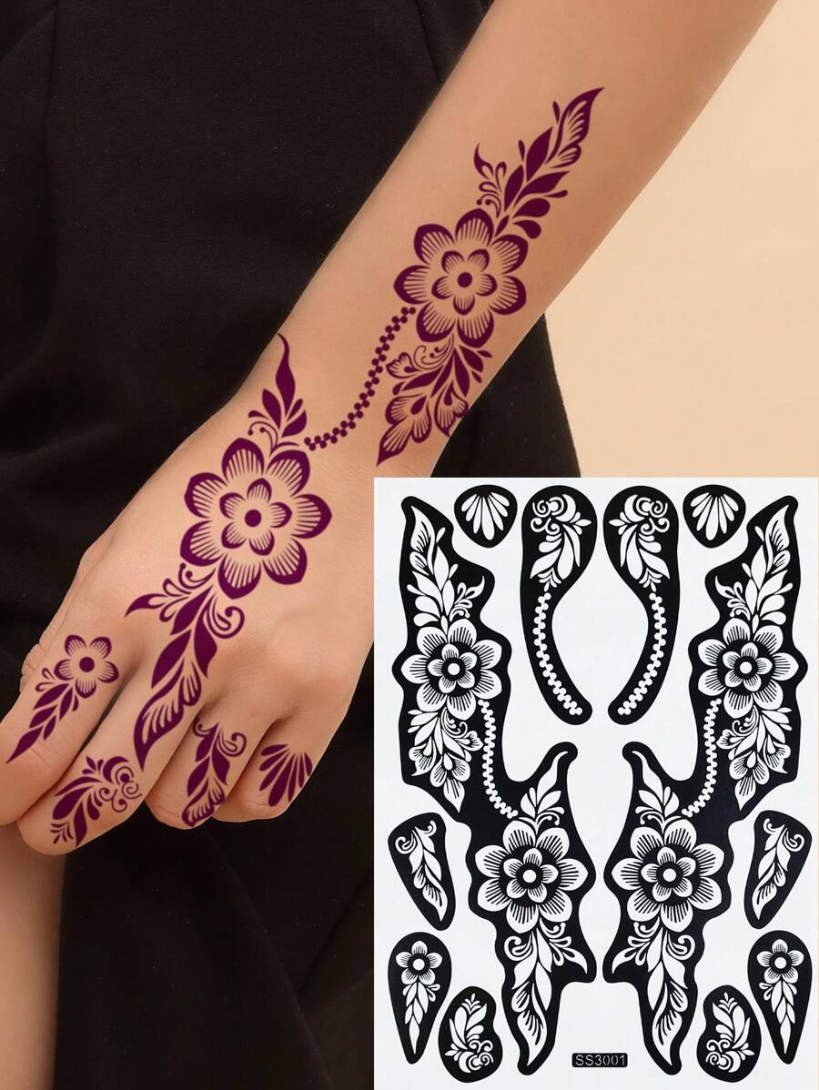 Flower Pattern Hollow Tattoo Sticker,Ut Hand Tattoo Stencil Sticker Temporary Tattoo Sticker Halloween Tattoos - Black - View 1