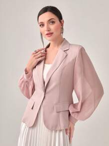Modelyn Lapel Neck Lantern Sleeve Single Button Blazer - Pink - View 3
