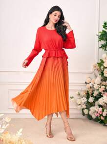 Modelyn Ombre Pleated Hanky Hem Drawstring Waist Dress - Multicolor - View 3