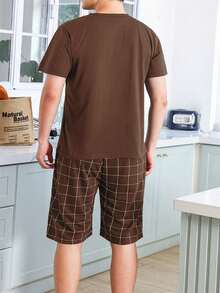 Hombres Conjunto de pijama con estampado de cuadros - Café integral - Ver 2