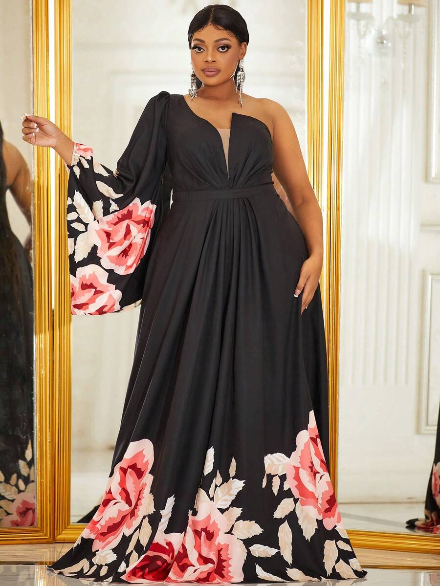 YISIKADO 大碼印花單肩喇叭袖連衣裙 - 黑色 - 查看 1