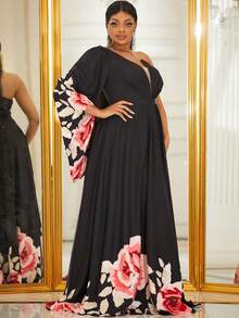 YISIKADO 大碼印花單肩喇叭袖連衣裙 - 黑色 - 查看 4