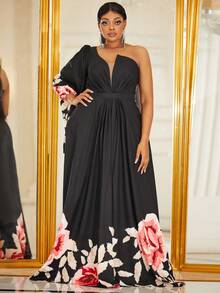 YISIKADO 大碼印花單肩喇叭袖連衣裙 - 黑色 - 查看 5