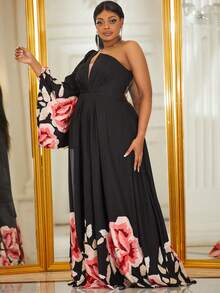 YISIKADO 大碼印花單肩喇叭袖連衣裙 - 黑色 - 查看 6