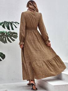 SHEIN VCAY Đầm Xù Viên lá sen Dải chun Tất cả trên in Giải trí - Màu Khaki - Xem 2