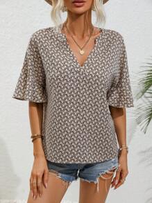 SHEIN Clasi 滿版印花荷葉袖襯衫 - 卡其色 - 查看 3