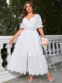 Simplee Plus Eyelet Embroidery Scallop Trim Puff Sleeve Split Thigh Dress - White - View 1