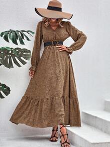 SHEIN VCAY Đầm Xù Viên lá sen Dải chun Tất cả trên in Giải trí - Màu Khaki - Xem 4