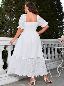 Simplee Plus Eyelet Embroidery Scallop Trim Puff Sleeve Split Thigh Dress - White - View 2