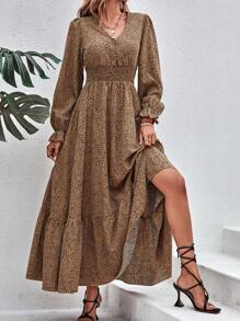SHEIN VCAY Đầm Xù Viên lá sen Dải chun Tất cả trên in Giải trí - Màu Khaki - Xem 5