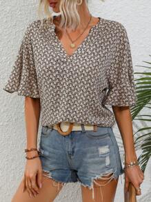 SHEIN Clasi 滿版印花荷葉袖襯衫 - 卡其色 - 查看 5