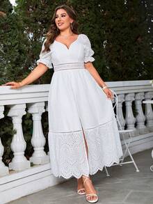 Simplee Plus Eyelet Embroidery Scallop Trim Puff Sleeve Split Thigh Dress - White - View 3